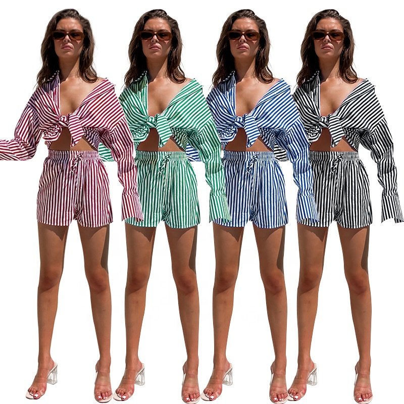 Women's 2 Piece Outfits Casual Stripe Long Sleeve Button Down Shirts And Loose High Waisted Mini Shorts Set