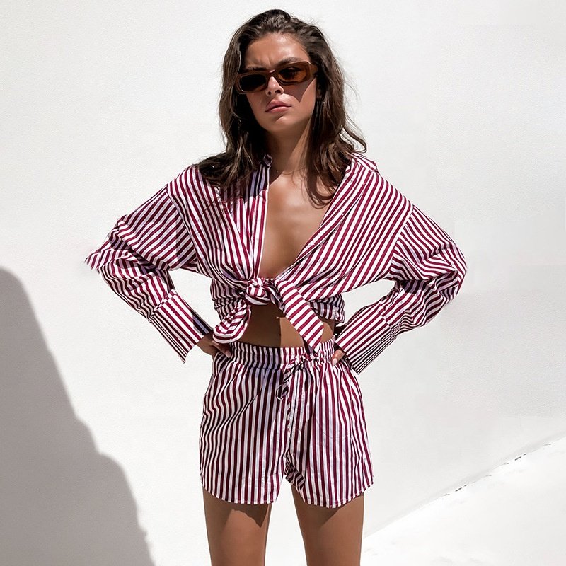 Women's 2 Piece Outfits Casual Stripe Long Sleeve Button Down Shirts And Loose High Waisted Mini Shorts Set