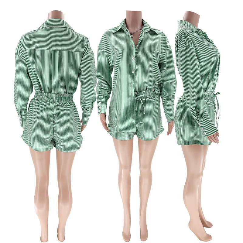 Women's 2 Piece Outfits Casual Stripe Long Sleeve Button Down Shirts And Loose High Waisted Mini Shorts Set