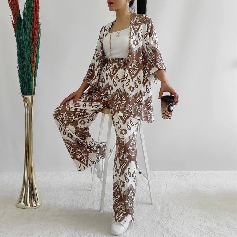 2024 summer clothes for women printed loose mid sleeve blouses shirts&wide leg pants plus size women's sets