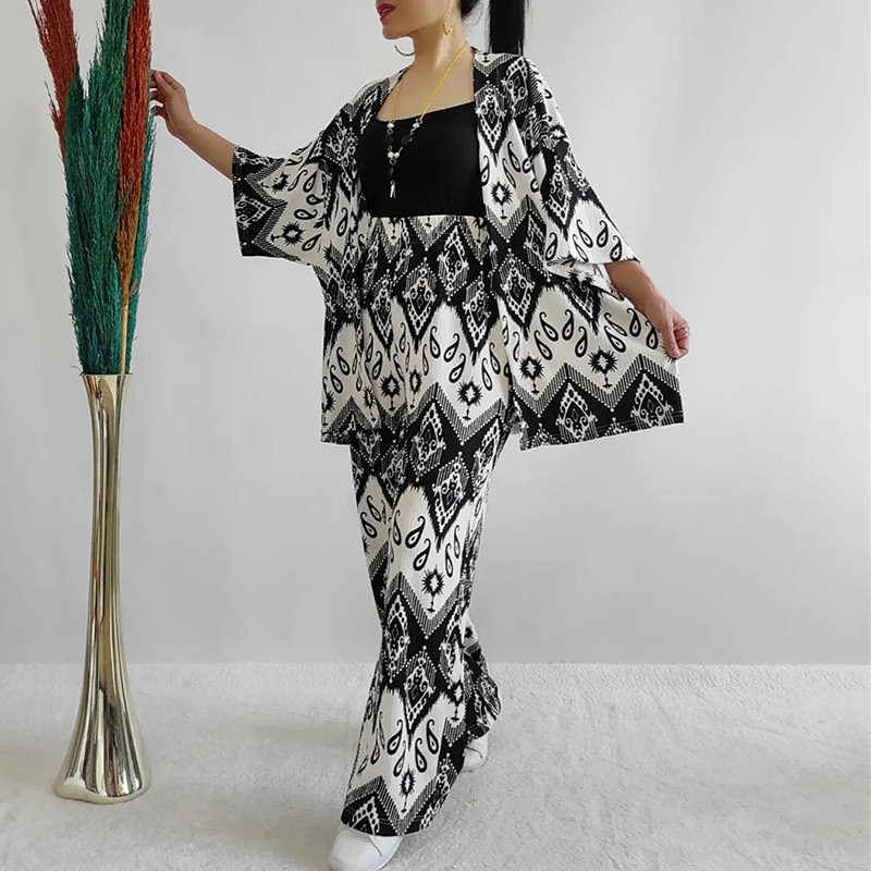 2024 summer clothes for women printed loose mid sleeve blouses shirts&wide leg pants plus size women's sets
