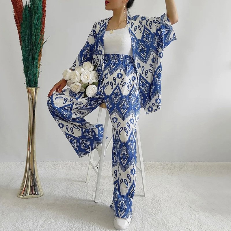 2024 summer clothes for women printed loose mid sleeve blouses shirts&wide leg pants plus size women's sets