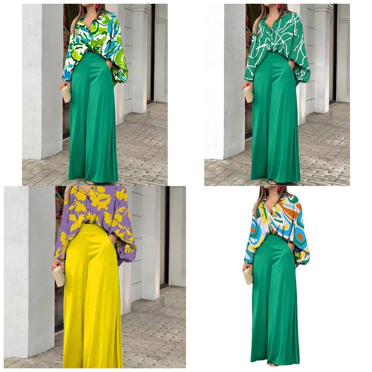 2023 Women's Spring Pants Set Casual Two Piece Set Loose Long Sleeve Shirt High Waist Wide-leg Pants Fashion Pants Suits