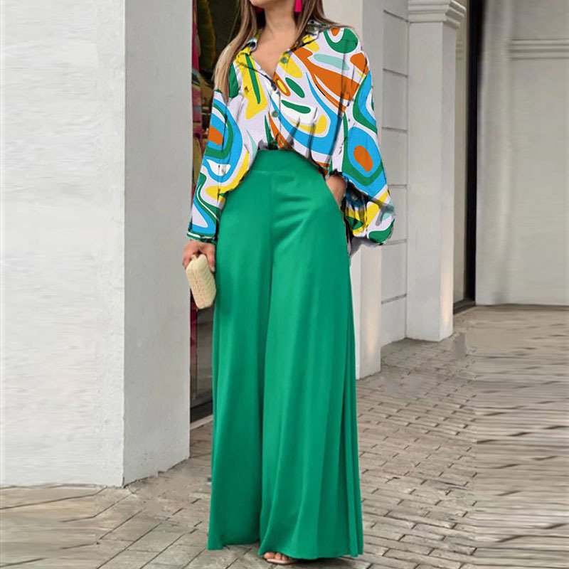 2023 Women's Spring Pants Set Casual Two Piece Set Loose Long Sleeve Shirt High Waist Wide-leg Pants Fashion Pants Suits