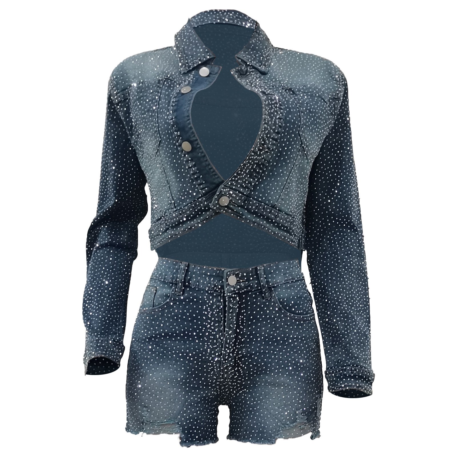 Fashion Streetwear Spring Matching Set Rhinestone Denim Jeans Jacket With Short Two-Piece Suit Top And Pants Women's Denim sets
