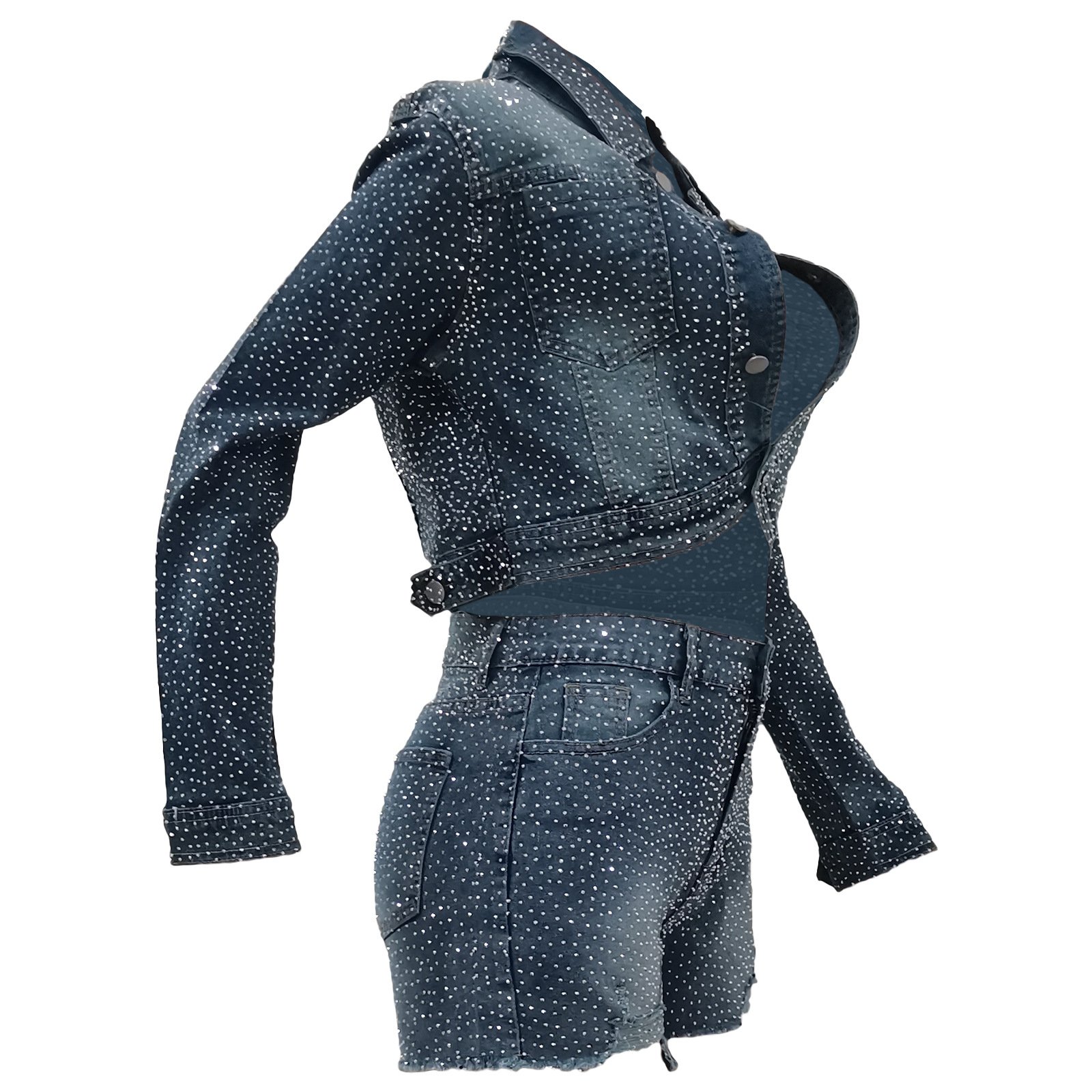 Fashion Streetwear Spring Matching Set Rhinestone Denim Jeans Jacket With Short Two-Piece Suit Top And Pants Women's Denim sets