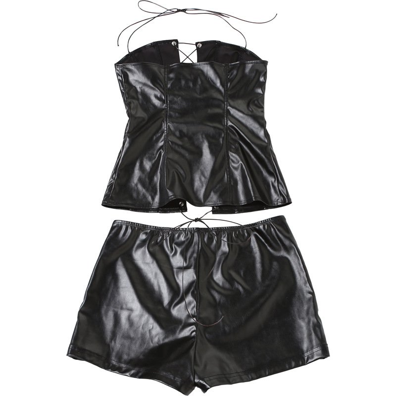 New Trendy Women's Fashion Leather Sets Pu Leather Bandage Crop Top And Shorts Sets Sexy Two Piece Leather Sets Women Outfits