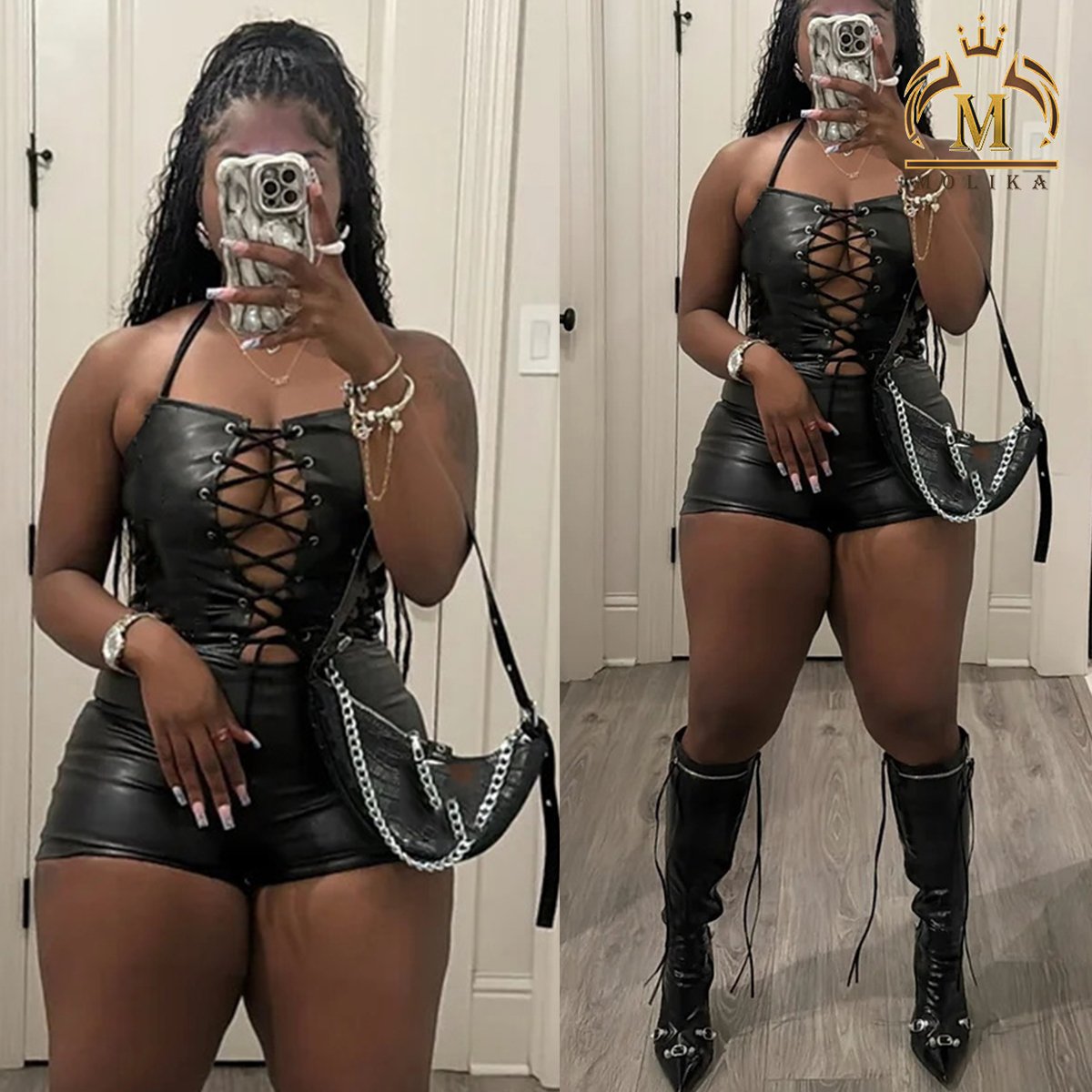 New Trendy Women's Fashion Leather Sets Pu Leather Bandage Crop Top And Shorts Sets Sexy Two Piece Leather Sets Women Outfits