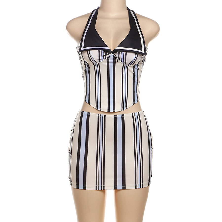 Kliou K24S52280 New Arrivals Two Pieces Skirts Sets Halter Top+Mini Skirt 2 Piece Set Women Printed Sexy Women's Set