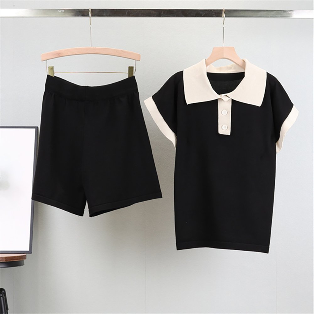 Atoptex Summer School Uniform Style Polo Neck Loose Knitted Top High Waist Casual Wide Leg Shorts Women'S Set