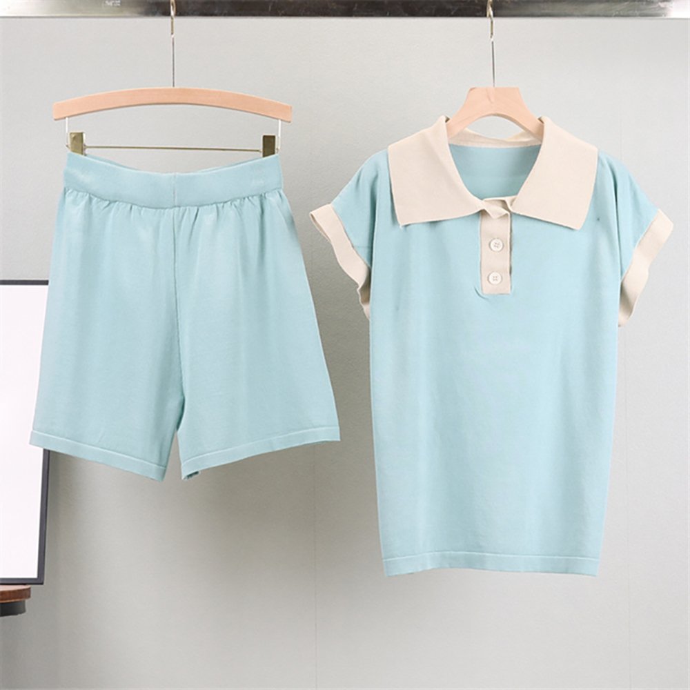 Atoptex Summer School Uniform Style Polo Neck Loose Knitted Top High Waist Casual Wide Leg Shorts Women'S Set