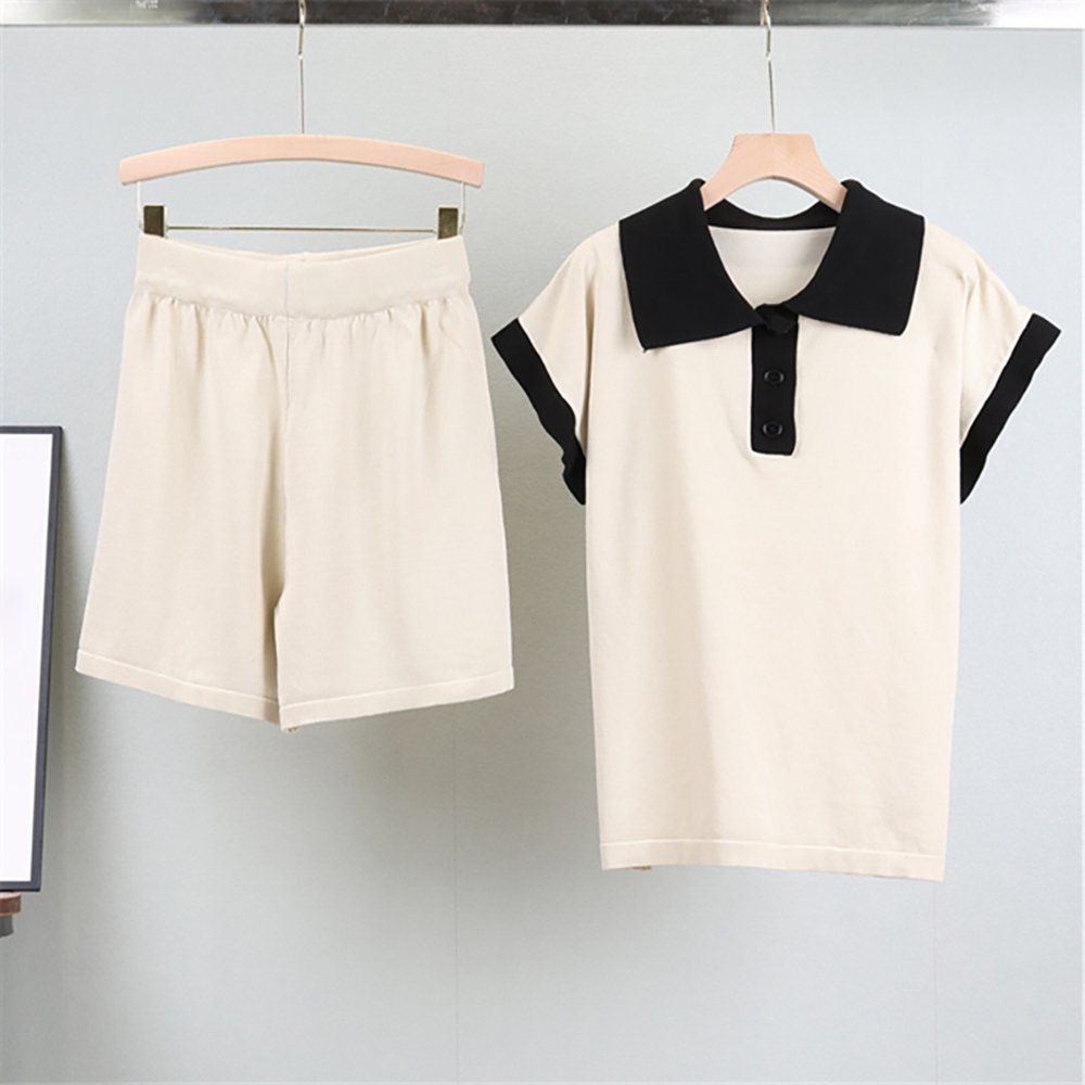 Atoptex Summer School Uniform Style Polo Neck Loose Knitted Top High Waist Casual Wide Leg Shorts Women'S Set