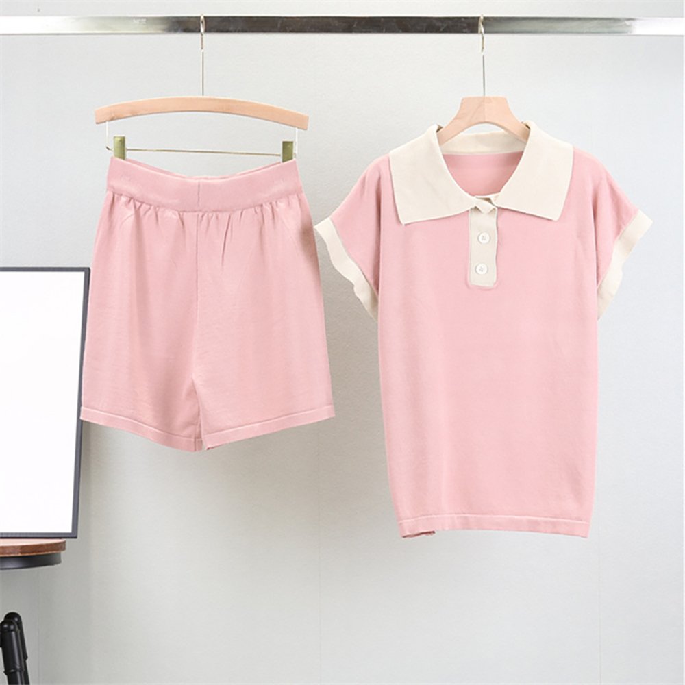 Atoptex Summer School Uniform Style Polo Neck Loose Knitted Top High Waist Casual Wide Leg Shorts Women'S Set