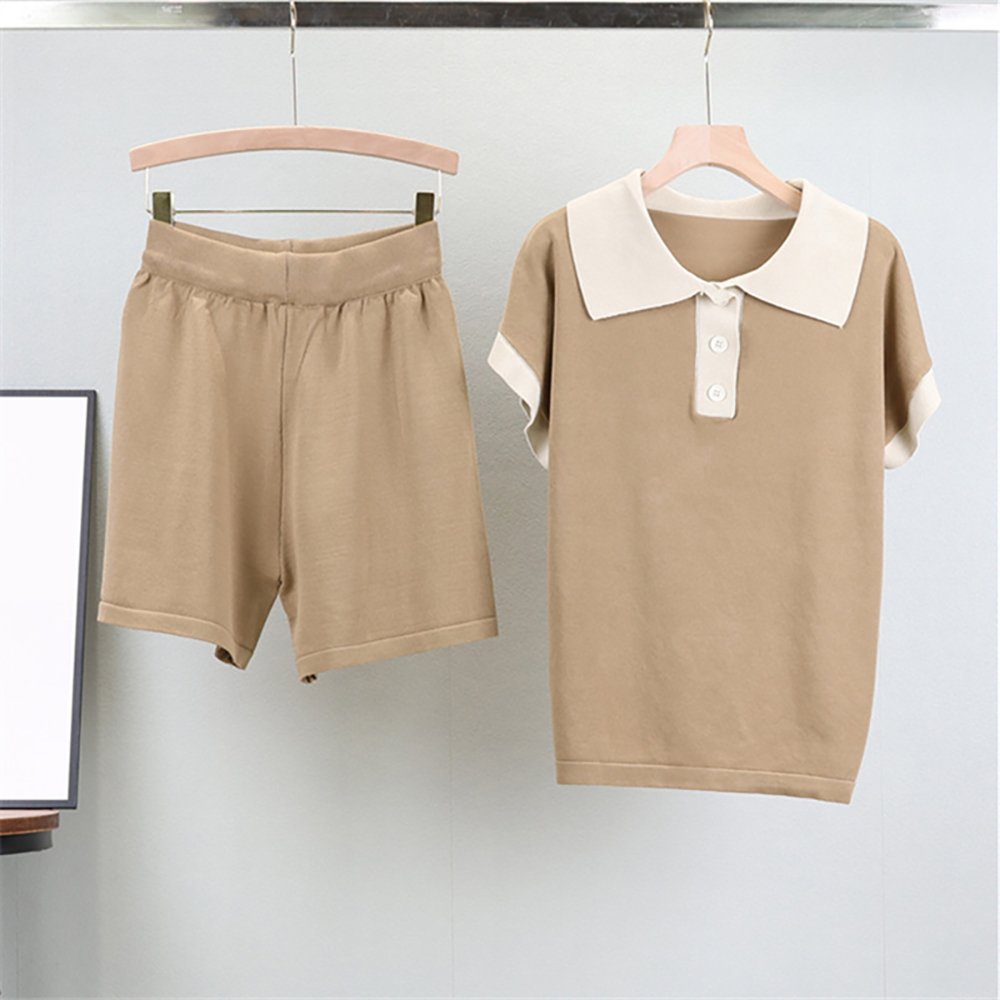 Atoptex Summer School Uniform Style Polo Neck Loose Knitted Top High Waist Casual Wide Leg Shorts Women'S Set