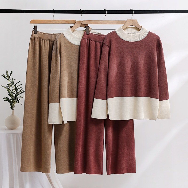 Long-sleeved collision color round neck loose knit top + high waist wide leg pants two-piece set for women
