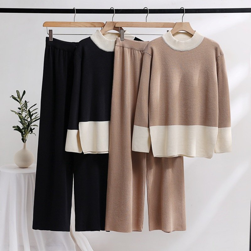 Long-sleeved collision color round neck loose knit top + high waist wide leg pants two-piece set for women