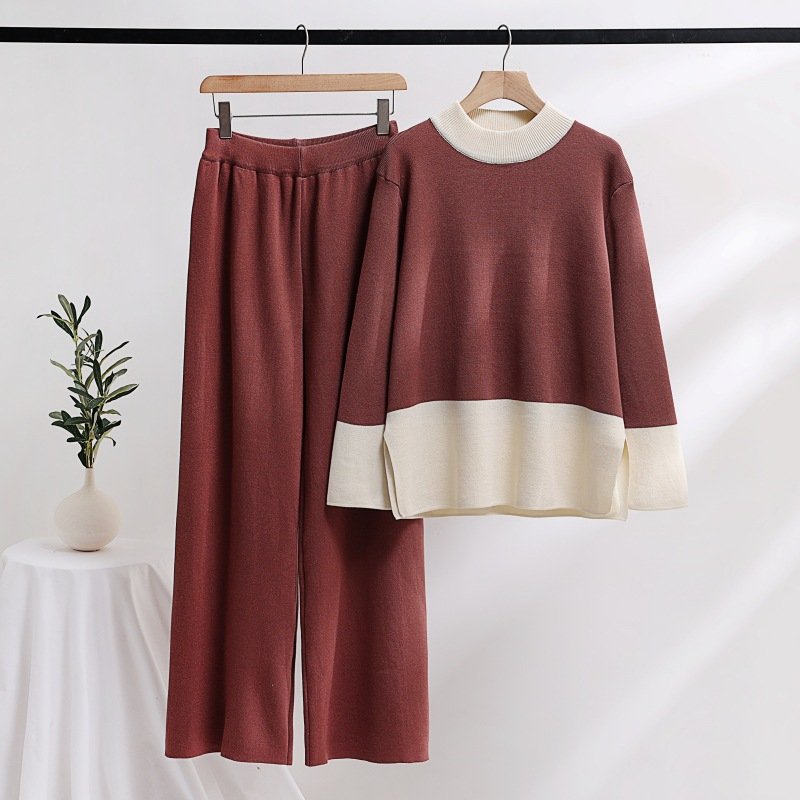 Long-sleeved collision color round neck loose knit top + high waist wide leg pants two-piece set for women