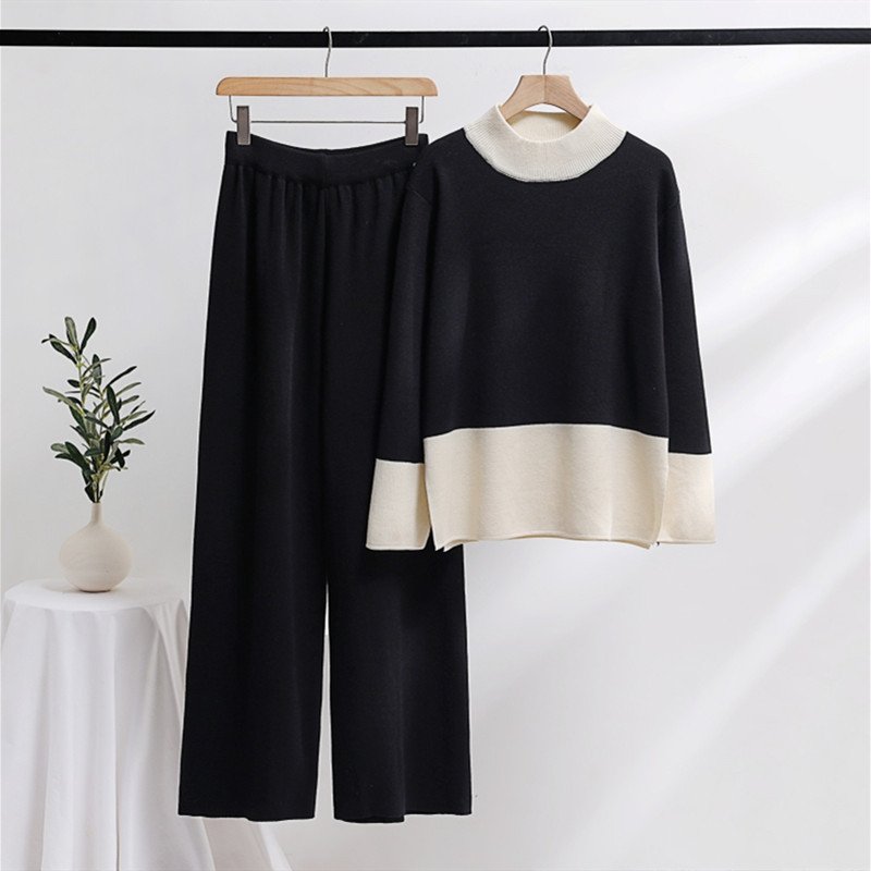 Long-sleeved collision color round neck loose knit top + high waist wide leg pants two-piece set for women