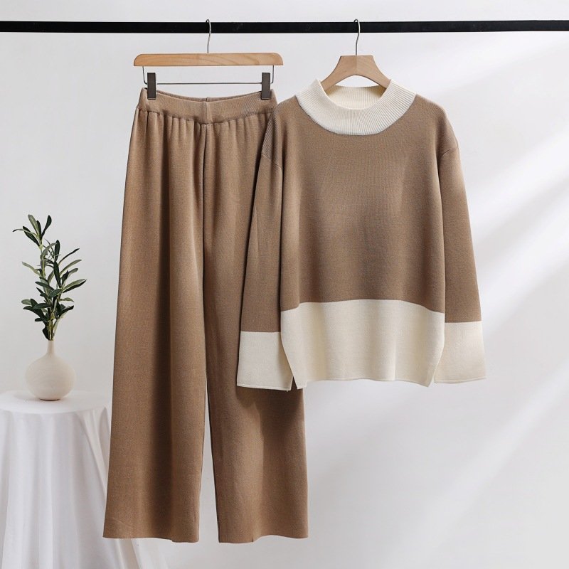 Long-sleeved collision color round neck loose knit top + high waist wide leg pants two-piece set for women