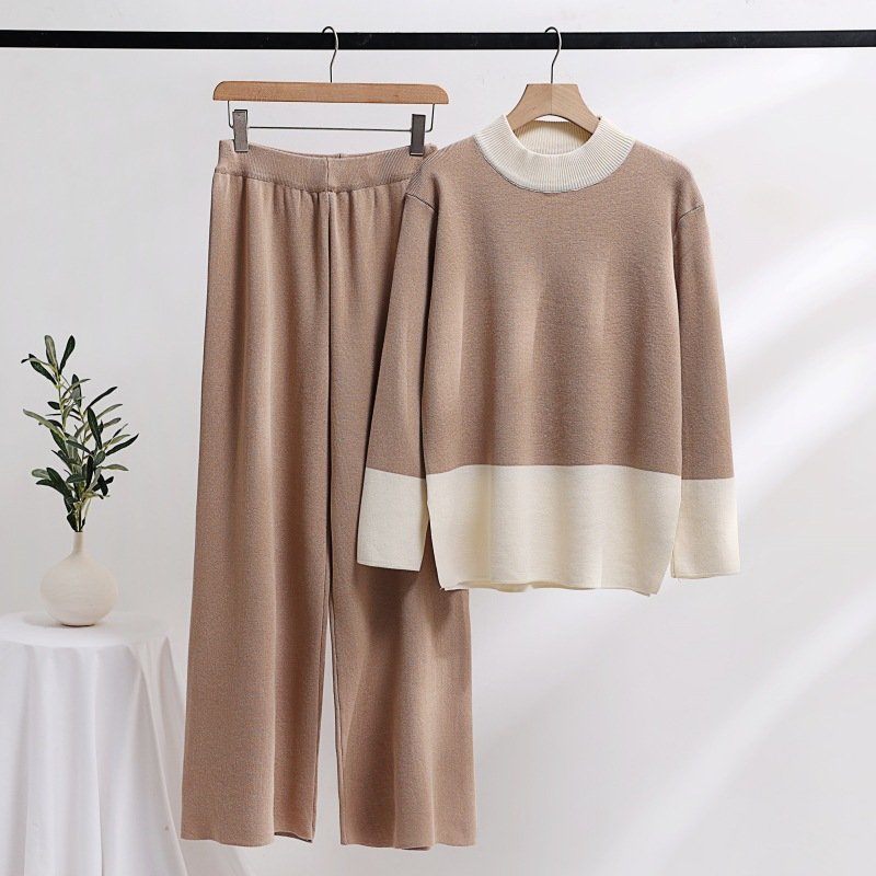 Long-sleeved collision color round neck loose knit top + high waist wide leg pants two-piece set for women