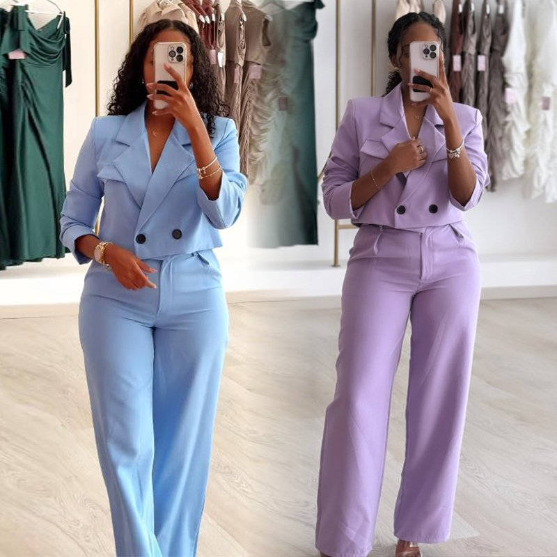 Spring fall women's clothing ladies fashion solid color lapel suit jacket wide leg trousers pants casual two piece ladies sets