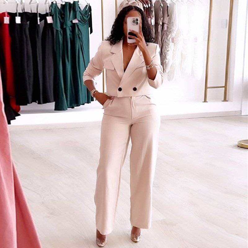 Spring fall women's clothing ladies fashion solid color lapel suit jacket wide leg trousers pants casual two piece ladies sets