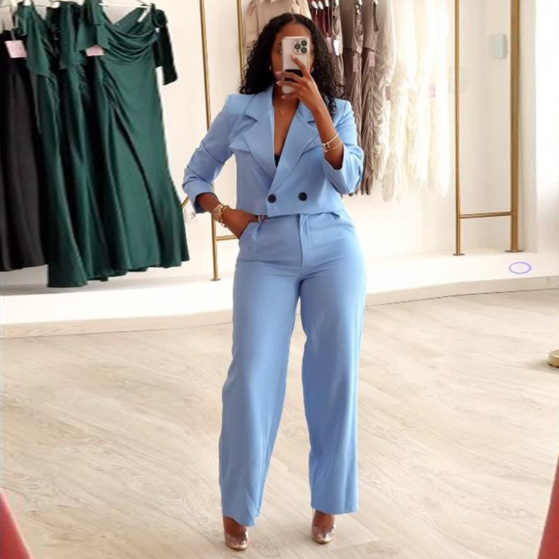 Spring fall women's clothing ladies fashion solid color lapel suit jacket wide leg trousers pants casual two piece ladies sets