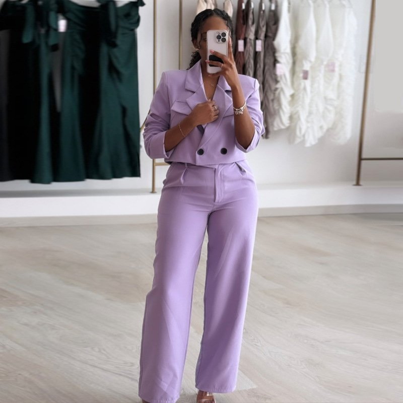 Spring fall women's clothing ladies fashion solid color lapel suit jacket wide leg trousers pants casual two piece ladies sets