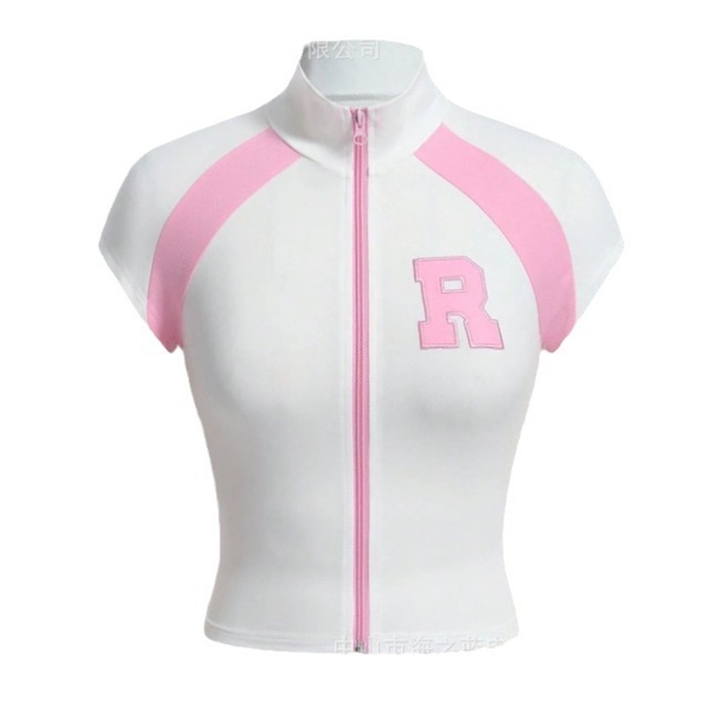 ZHEZHE 2024 New Fashion Casual Two Piece Sets Summer Letter Zip Up T Shirt With Bubble Skirt Ladies Skirt Puffer Women Outfits