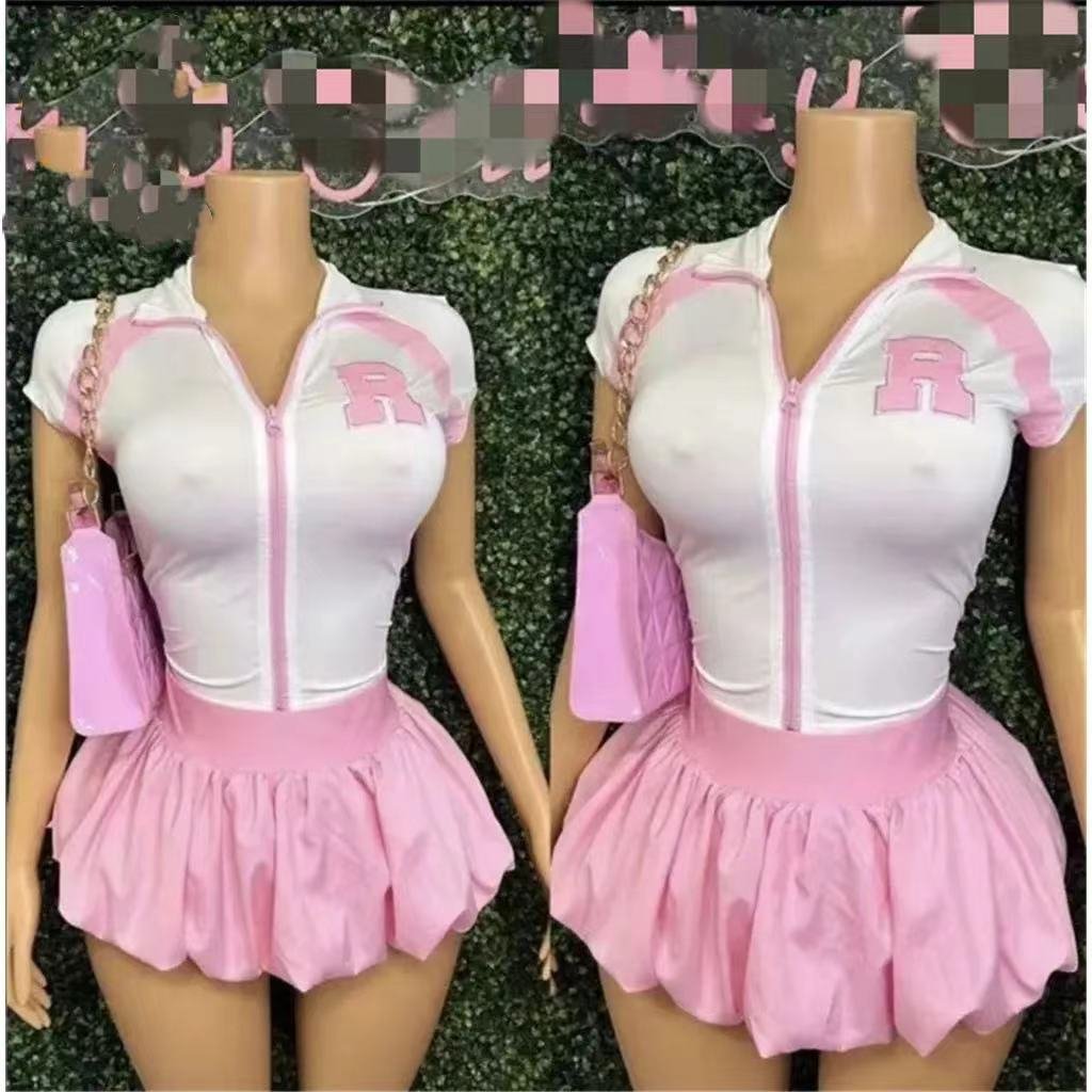 ZHEZHE 2024 New Fashion Casual Two Piece Sets Summer Letter Zip Up T Shirt With Bubble Skirt Ladies Skirt Puffer Women Outfits