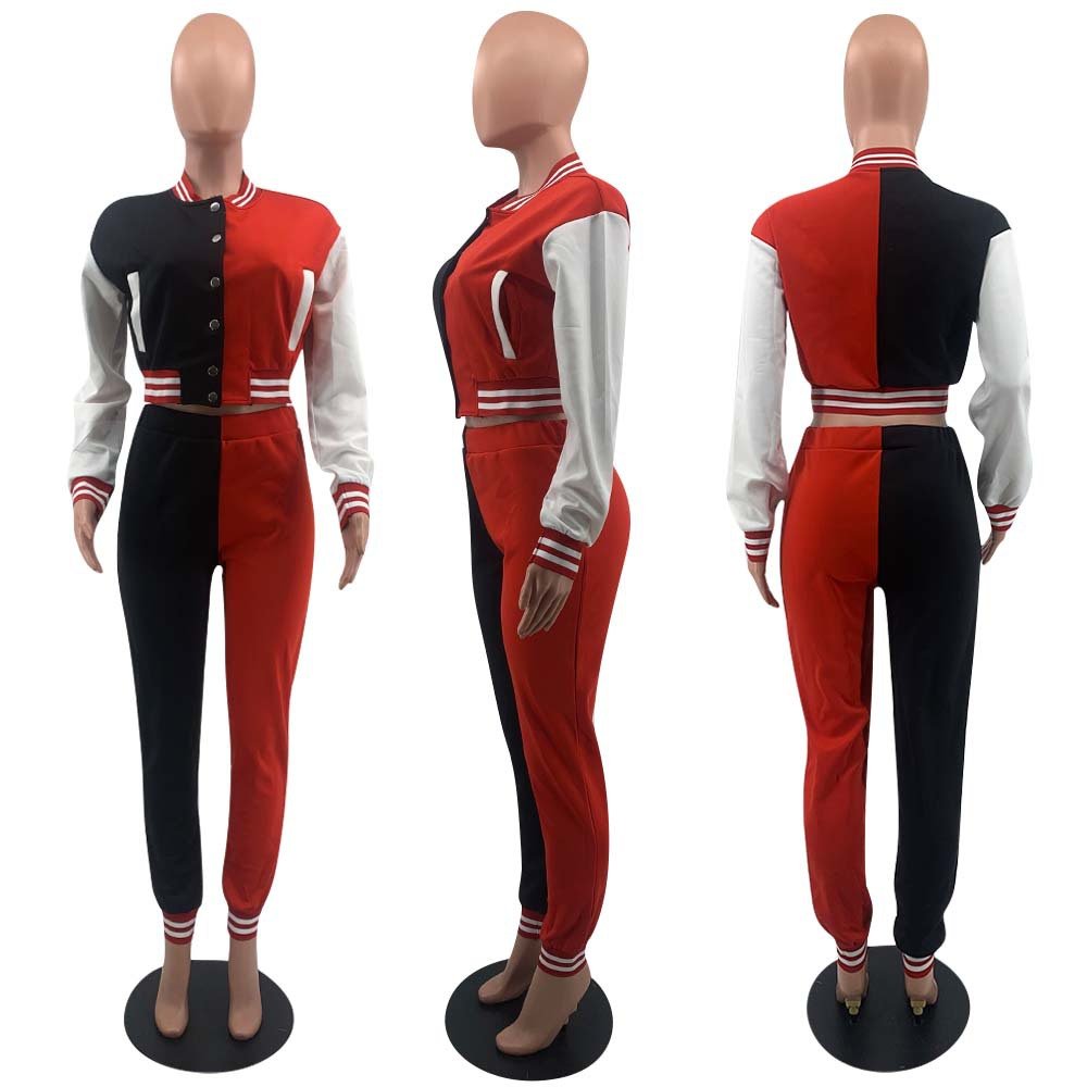 QY90211 2024 women's color matching women's jacket set breasted splicing long sleeve baseball suit two-piece set