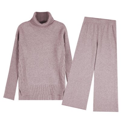 Knit Long Sleeve Two Piece Set Classic Women Sweater Set Wide Leg Sport Pant Suit
