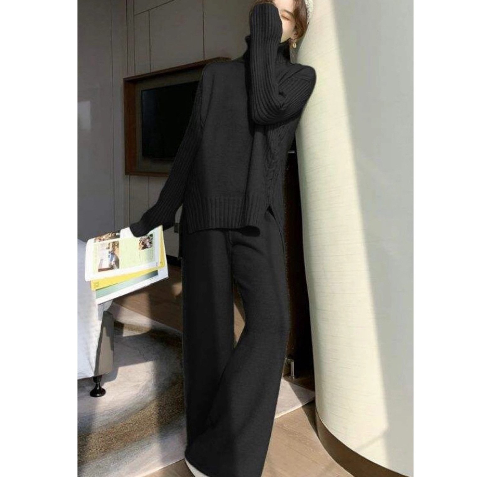 Knit Long Sleeve Two Piece Set Classic Women Sweater Set Wide Leg Sport Pant Suit