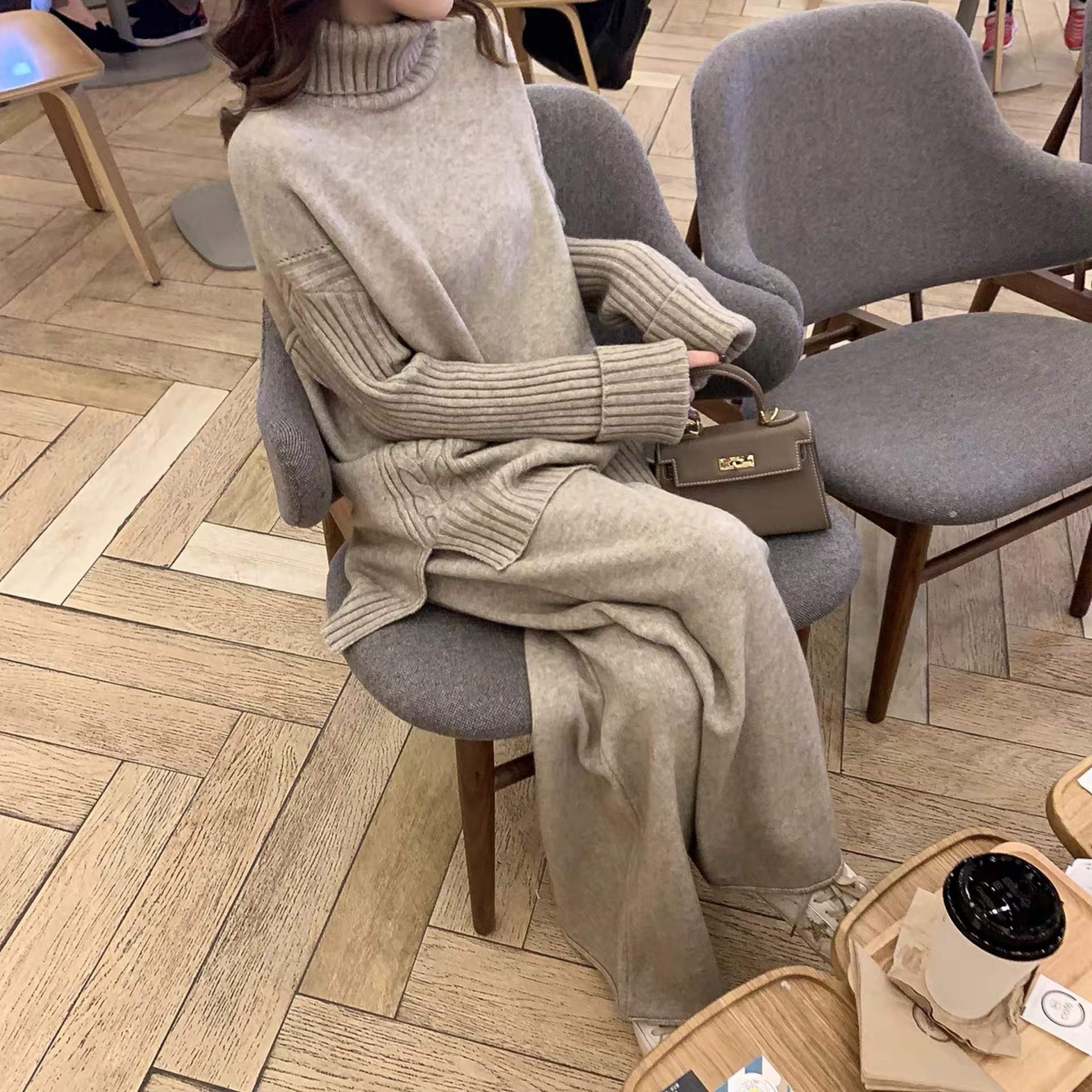Knit Long Sleeve Two Piece Set Classic Women Sweater Set Wide Leg Sport Pant Suit