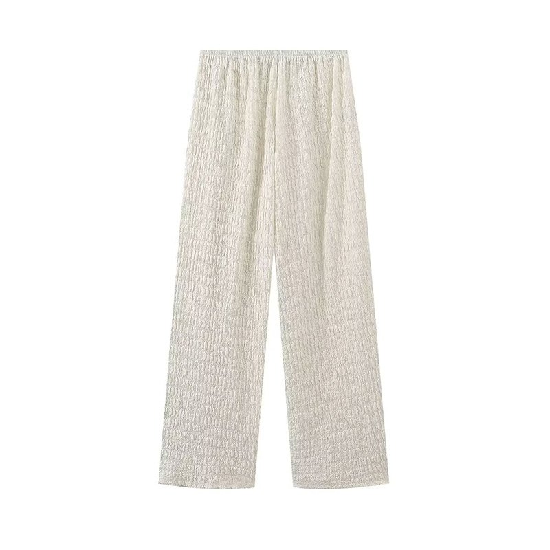 ZATRHMBM Women's 2024 Retro Asymmetrical Top Elastic Waist Trousers New Fashion Solid Color Knitted Texture Suit Summer Casual