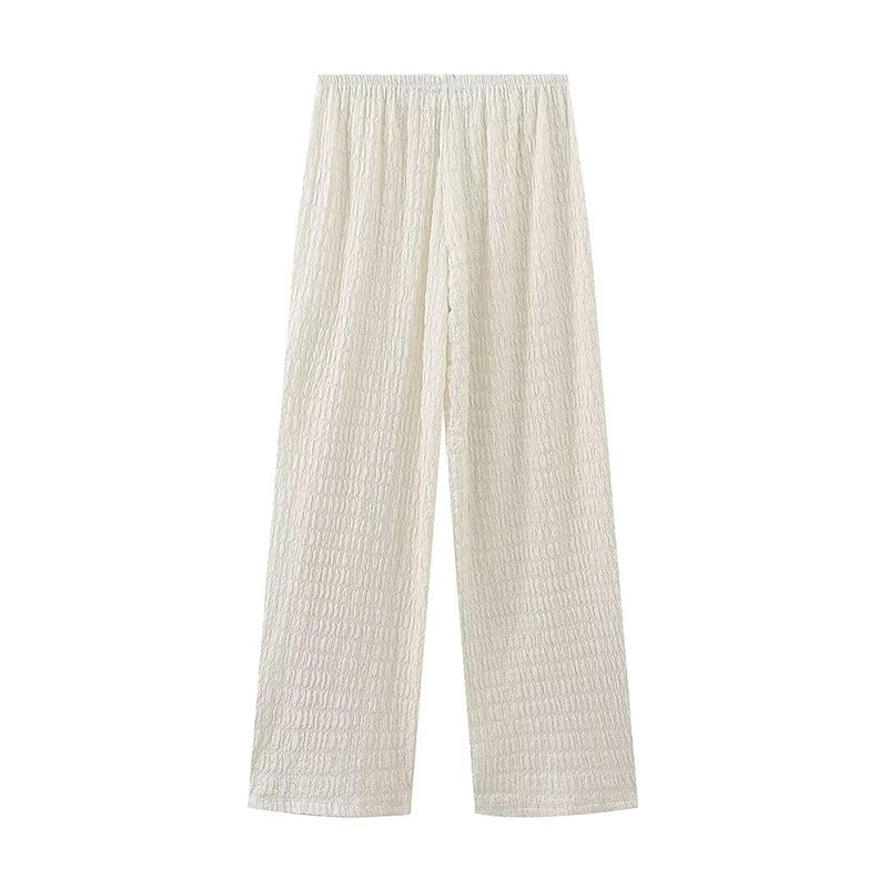 ZATRHMBM Women's 2024 Retro Asymmetrical Top Elastic Waist Trousers New Fashion Solid Color Knitted Texture Suit Summer Casual