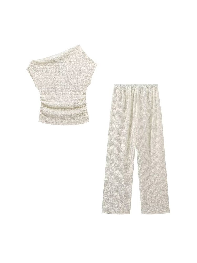 ZATRHMBM Women's 2024 Retro Asymmetrical Top Elastic Waist Trousers New Fashion Solid Color Knitted Texture Suit Summer Casual