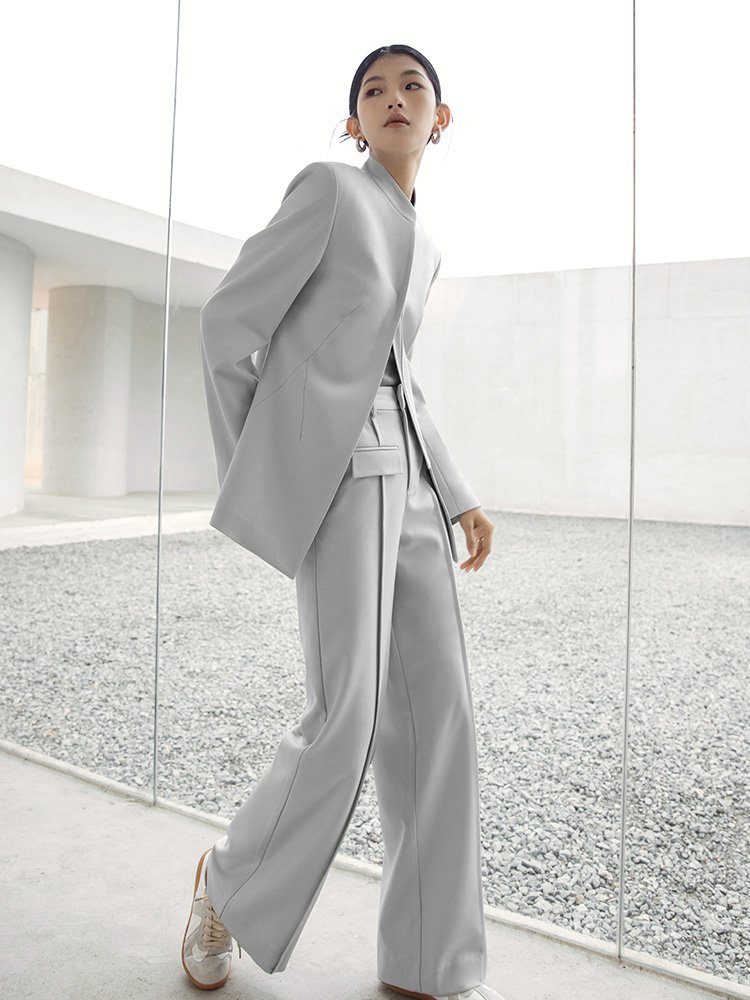 Wholesale 2024 Spring New Fashion Standing Neck Coat One Button Design High Waist Slimming Wide Leg Pants Women's Set