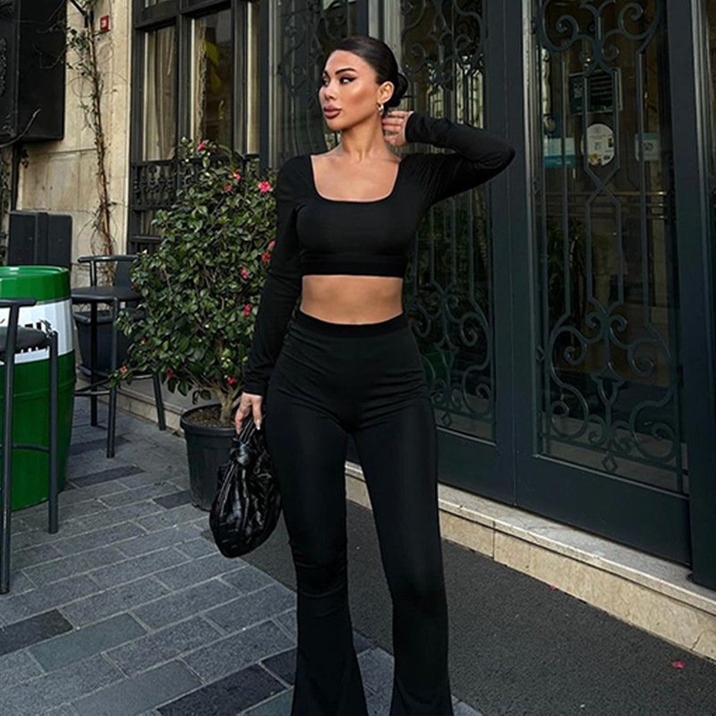 New Leopard Printed Women's Set Long Sleeve Crop Tops Flare Pants Two Piece Set 2024 New Fashion Casual Loungewear Set for women