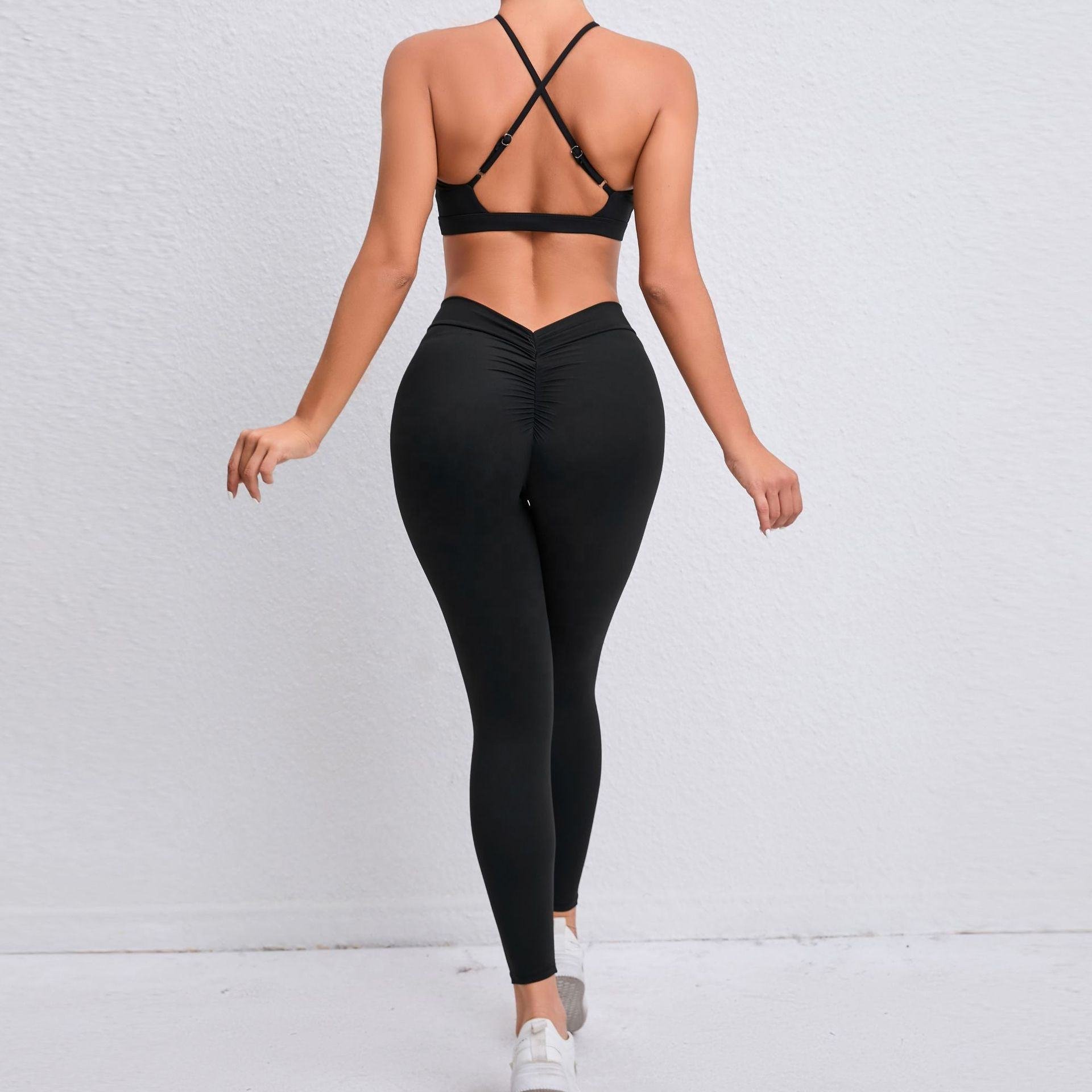 Hot new Women Compression Cross Strips Stretchy V Cut Scrunch Back Legging and Bra Set
