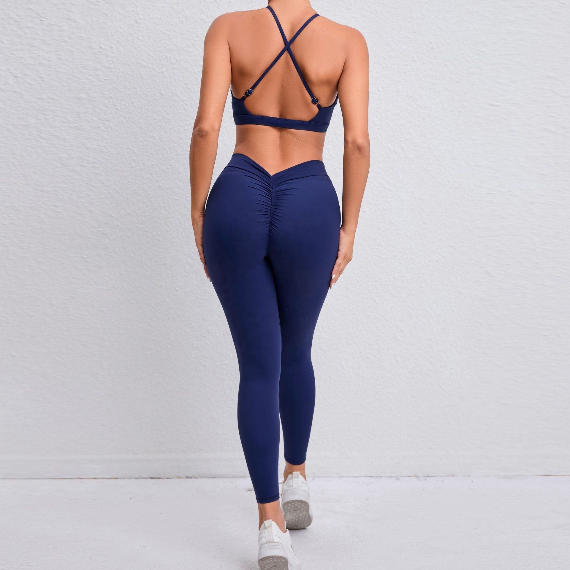 Hot new Women Compression Cross Strips Stretchy V Cut Scrunch Back Legging and Bra Set