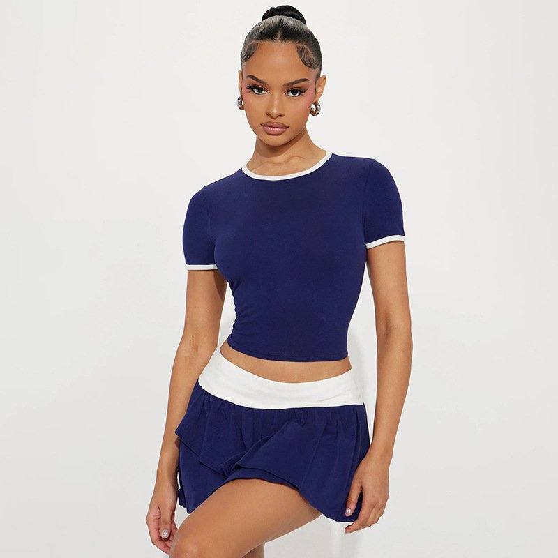 C1965 New sports top women's round neck short sexy slim fit T-shirt color blocked tennis skirt 2 piece set