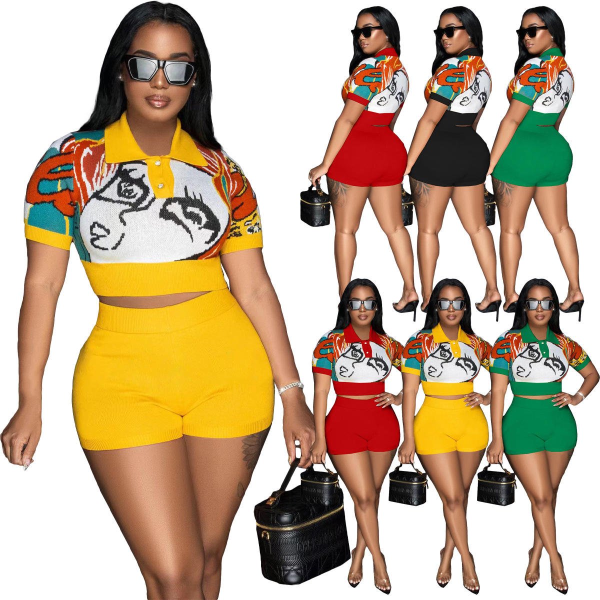 Women's Set Polo-collar Button T-shirt and Shorts Suit 2024 INS Two 2 Piece Set Outfit Tracksuit