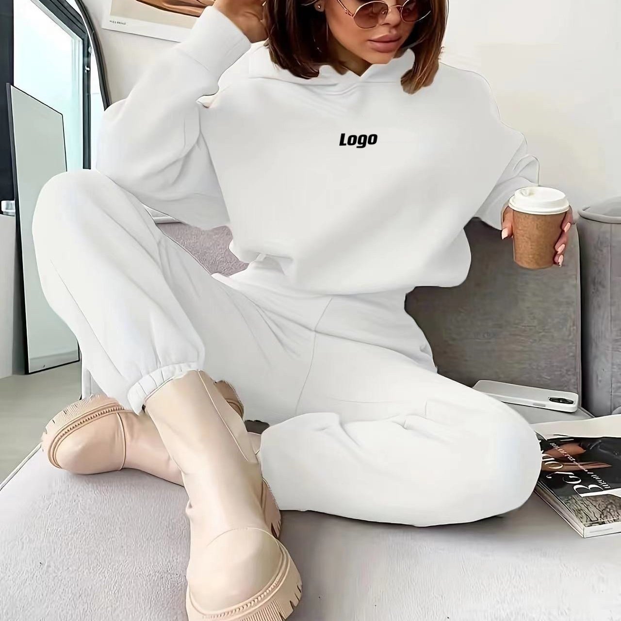 Women's High Quality Essential Pullover Hoodie Sweatpants Set Customizable 2-Piece Knitted Fabric Casual Style Autumn Winter