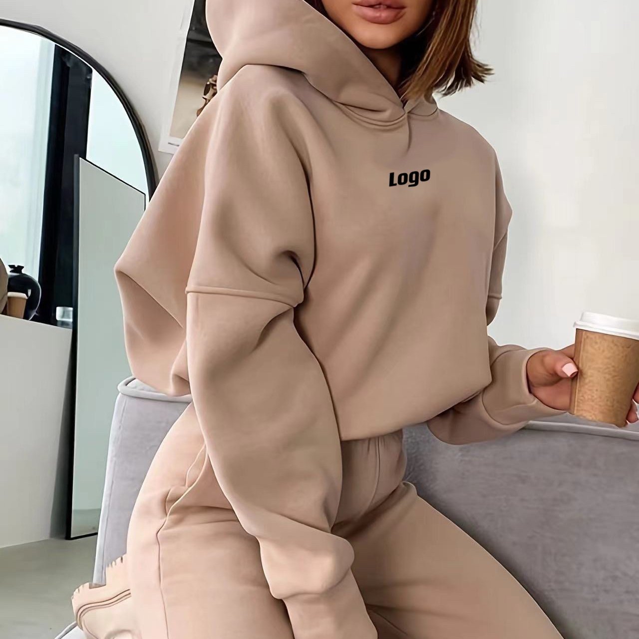 Women's High Quality Essential Pullover Hoodie Sweatpants Set Customizable 2-Piece Knitted Fabric Casual Style Autumn Winter