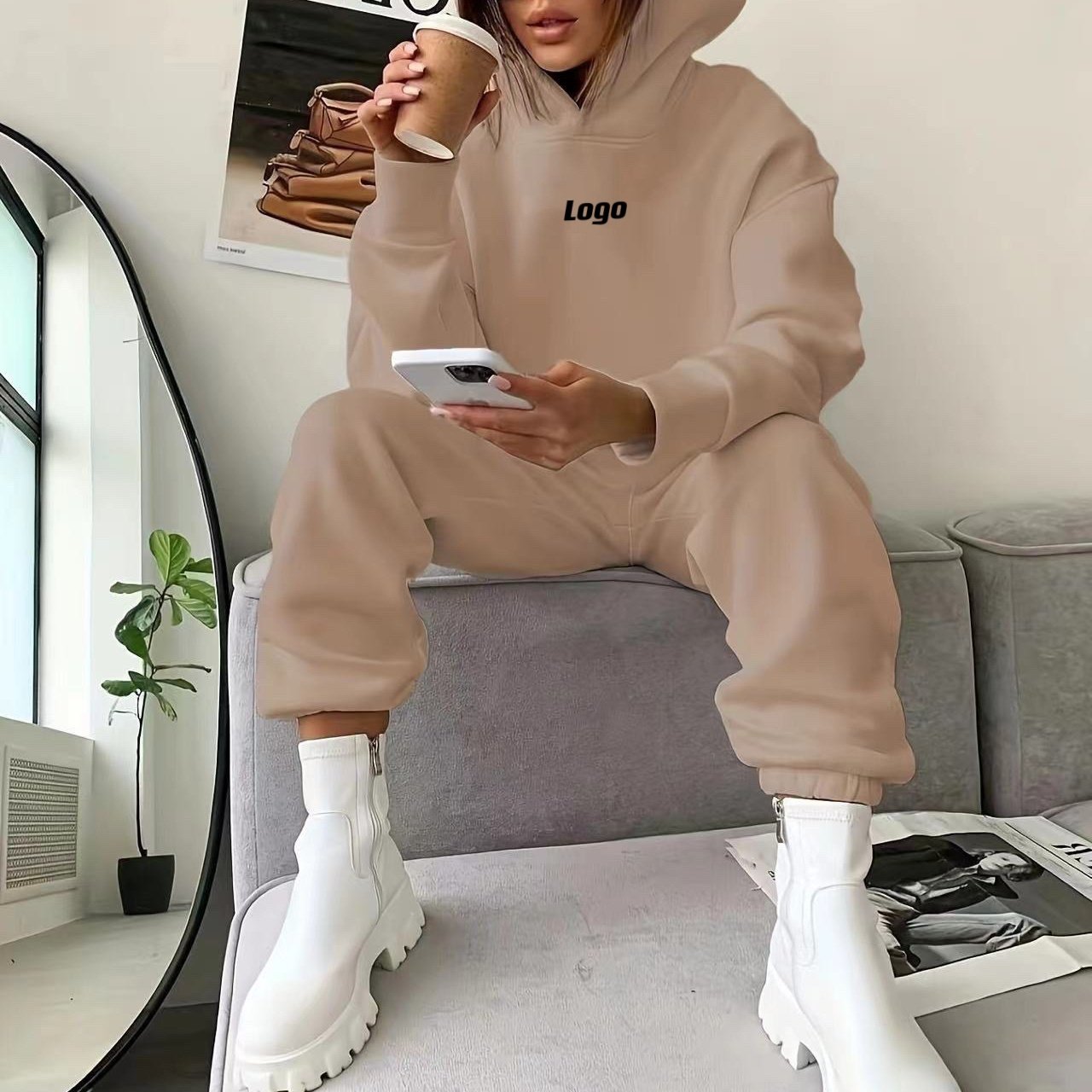 Women's High Quality Essential Pullover Hoodie Sweatpants Set Customizable 2-Piece Knitted Fabric Casual Style Autumn Winter