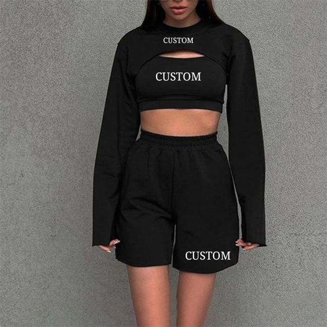 Women Streetwear Manufacturers Super Cropped Crewneck Sweatshirt Modal Cami Top Cotton Shorts Plus Size 3 Pieces Set Lady Track