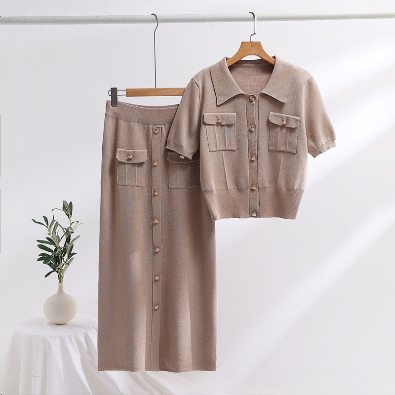 Boutique Wholesale 2024 Autumn New French High end Fashion Flip Collar Short sleeved Sweater Skirt Knitted Women's Set