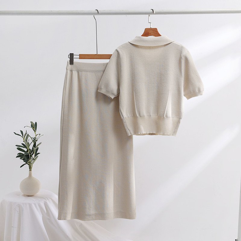 Boutique Wholesale 2024 Autumn New French High end Fashion Flip Collar Short sleeved Sweater Skirt Knitted Women's Set