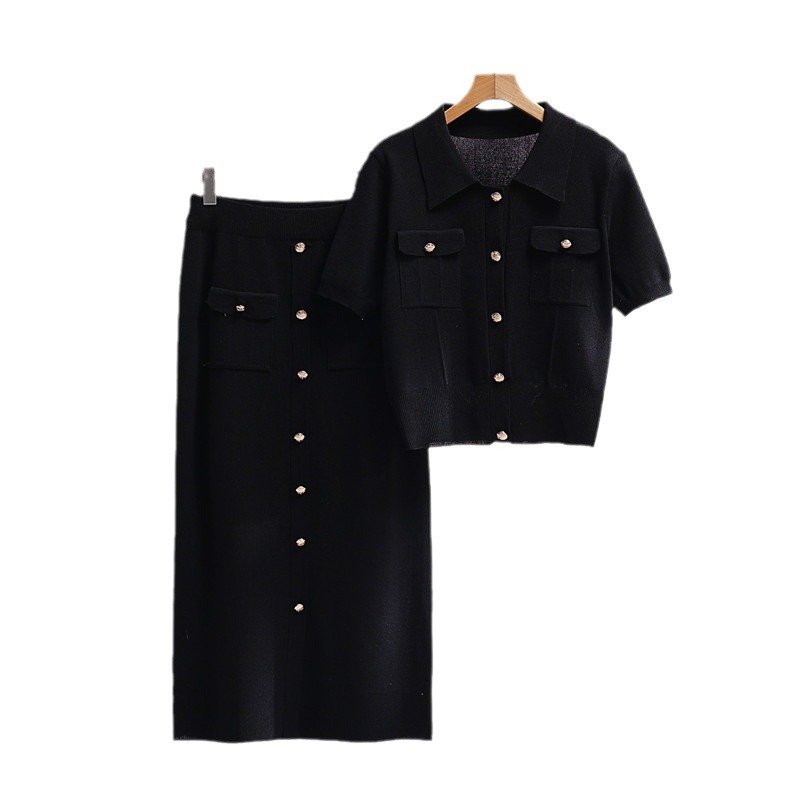 Boutique Wholesale 2024 Autumn New French High end Fashion Flip Collar Short sleeved Sweater Skirt Knitted Women's Set